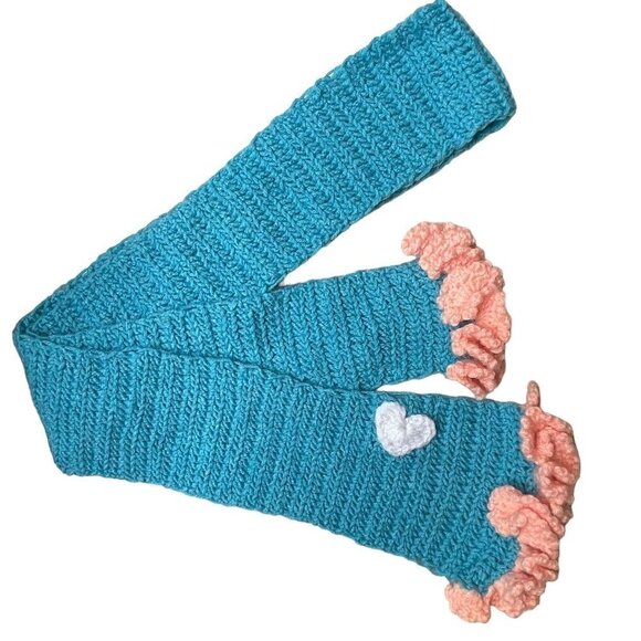 Hand Knit Barbie Core Cute Kawaii Teal Knit Scarf Pink Ruffle Trim White Heart - Picture 4 of 7
